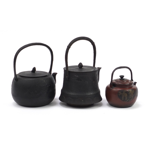 231 - *WITHDRAWN* Two Japanese iron teapots and a lacquered example hand painted with flowers, the largest... 