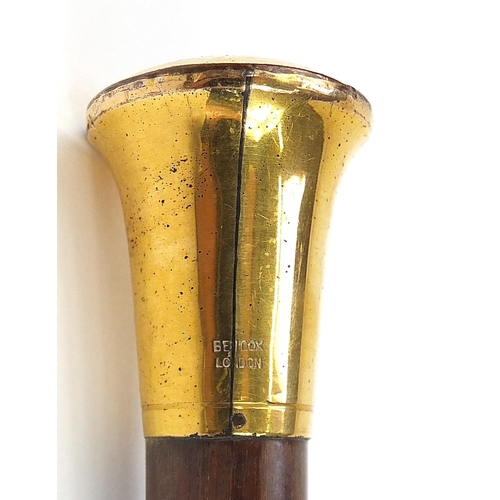 516 - Snakewood walking stick with gold plated pommel impressed Beicox London, 92cm in length