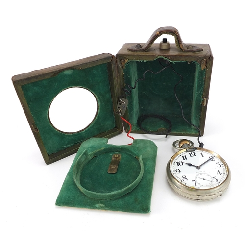 409 - Goliath pocket watch housed in a tooled leather travel case, the pocket watch patent number 10292