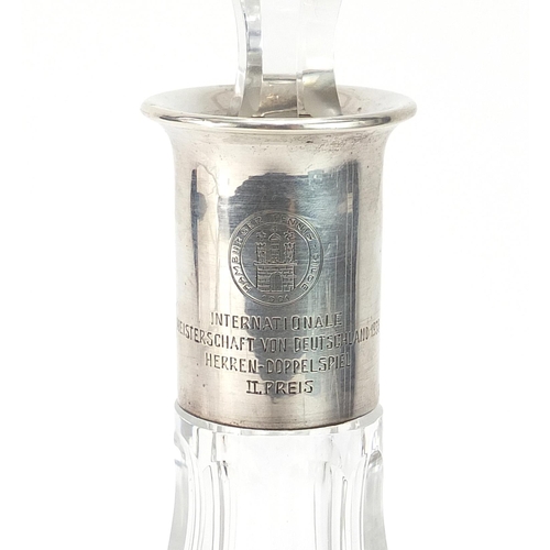 2225 - Tennis interest German cut glass decanter with silver collar engraved International Championship of ... 