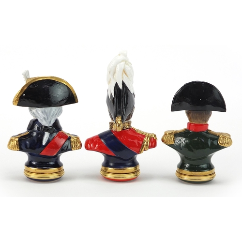 545 - Three Halcyon Days enamelled busts of Duke of Wellington, Napoleon I and Horatio Lord Nelson, two wi... 