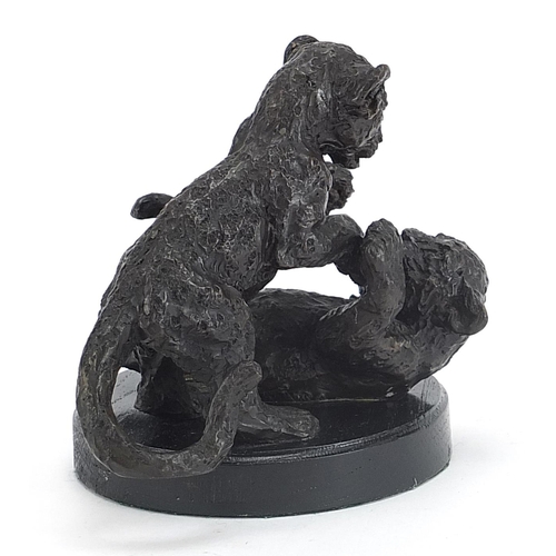 669 - Bronzed study of two leopard cubs playing, raised on a circular ebonised base, 14cm high