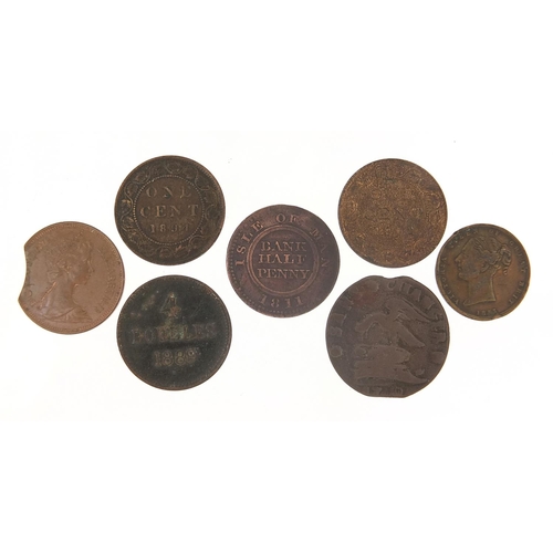 1640 - Early 18th century and later copper coinage including 1811 Isle of Man Bank halfpenny and 1889 Guern... 