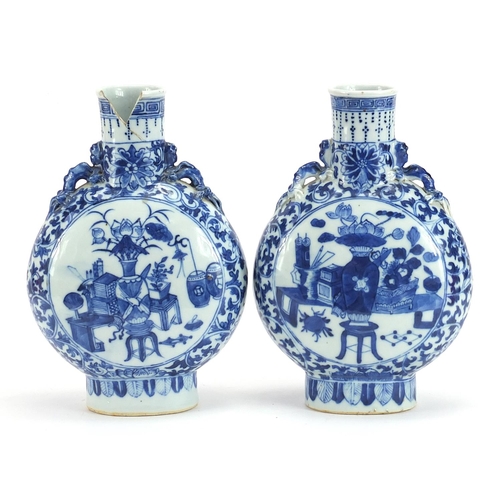 29 - Pair of Chinese blue and white porcelain moon flasks with animalia handles, each hand painted with p... 