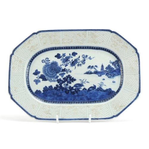 32 - Chinese blue and white porcelain platter hand painted with flowers before water and a pagoda, 28cm w... 