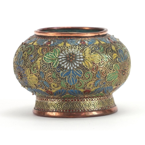 1277 - Brass and cloisonne vase with globular body enamelled with stylised flowers, 5cm high