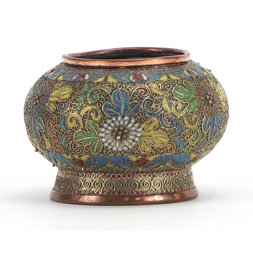 1277 - Brass and cloisonne vase with globular body enamelled with stylised flowers, 5cm high