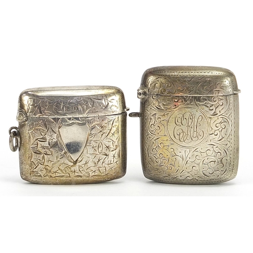 2253 - Two Edwardian silver vestas with engraved decoration, Birmingham 1906 and 1907, the largest 5cm high... 