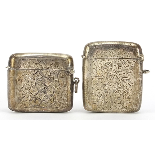 2253 - Two Edwardian silver vestas with engraved decoration, Birmingham 1906 and 1907, the largest 5cm high... 