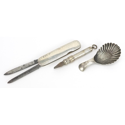 2252 - Silver objects comprising Georgian shell shaped caddy spoon, S Mordan & Co propelling pencil and sil... 