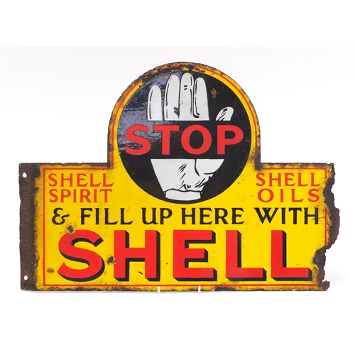 504 - Vintage motoring interest Shell Stop and Fill Up Here with Shell enamel advertising sign, 63.5cm x 4... 