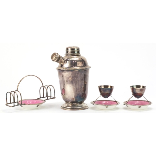 2277 - Art Deco silver plated cocktail shaker and Royal Doulton egg set with Hukin & Heather silver plated ... 