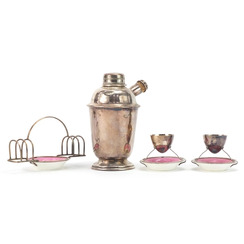 2277 - Art Deco silver plated cocktail shaker and Royal Doulton egg set with Hukin & Heather silver plated ... 