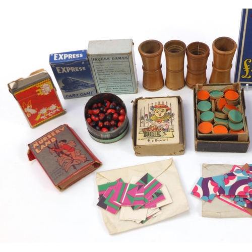 1368 - Collection of vintage toys including playing cards, dice shakers, puzzles, games and counters