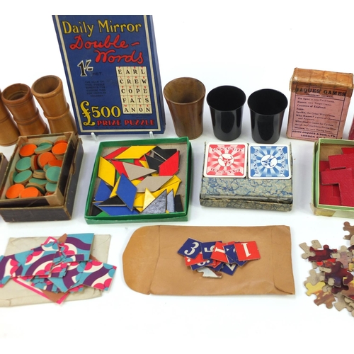 1368 - Collection of vintage toys including playing cards, dice shakers, puzzles, games and counters