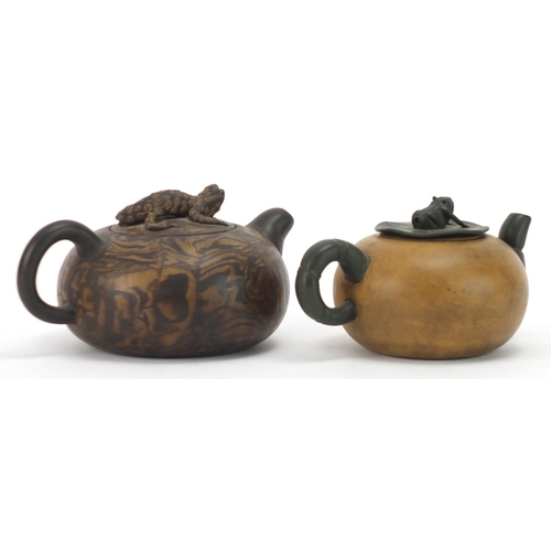 977 - Two Chinese Yixing terracotta teapots including a marbleised design example with lizard knop, charac... 