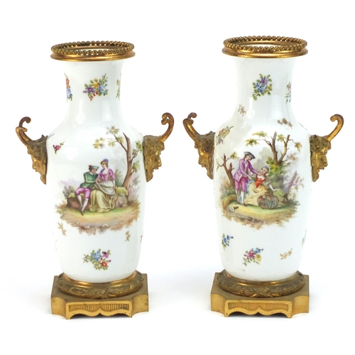 257 - Sevres, pair of 19th century French porcelain vases with Ormolu mounts and twin handles, each hand p... 