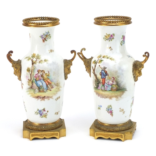 257 - Sevres, pair of 19th century French porcelain vases with Ormolu mounts and twin handles, each hand p... 