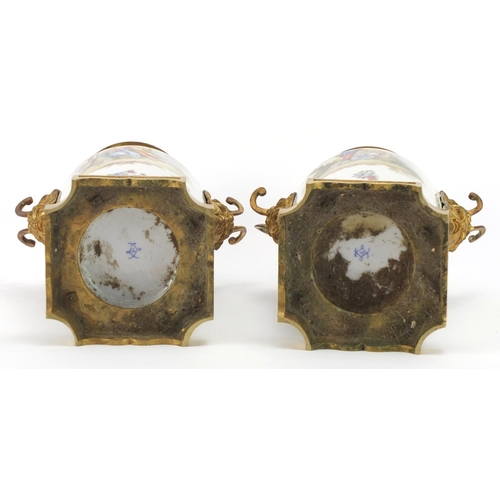 257 - Sevres, pair of 19th century French porcelain vases with Ormolu mounts and twin handles, each hand p... 