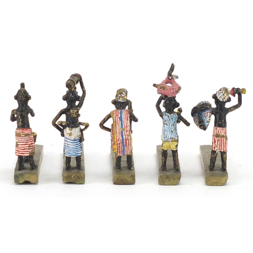 302 - Five African cold painted bronzed figures of tribespeople in the style of Franz Xaver Bergmann, each... 