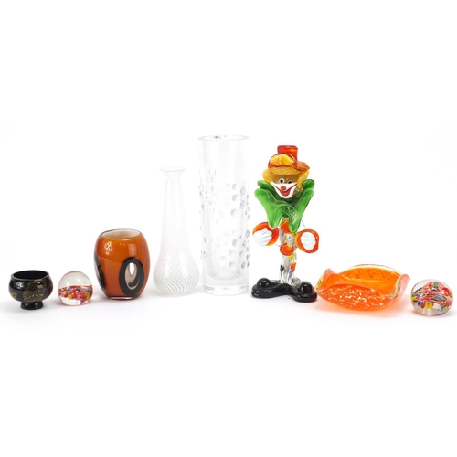 1251 - Art glassware including a Murano glass clown, signed clear glass vase and paperweights, the largest ... 