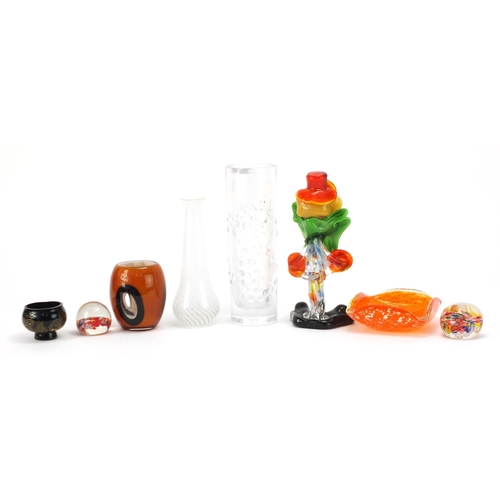 1251 - Art glassware including a Murano glass clown, signed clear glass vase and paperweights, the largest ... 