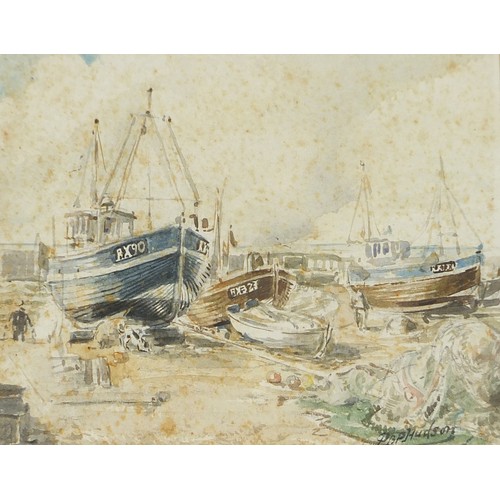 1050 - Moored fishing boats, Hastings, watercolour, indistinctly signed, possibly P.. Hudson?, mounted, fra... 