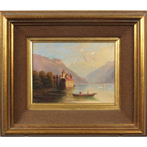 173 - Chillon Castle, Lake Geneva, Switzerland, oil on board, inscribed in ink verso, mounted and framed, ... 