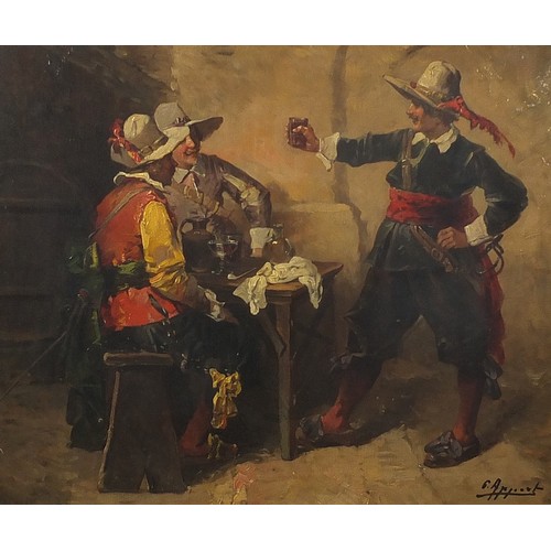 78 - G Appert - Three Musketeers in a tavern, French School oil on canvas, mounted, framed and glazed, 62... 