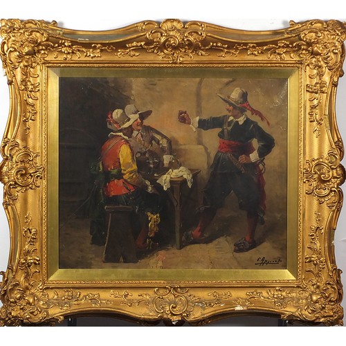 78 - G Appert - Three Musketeers in a tavern, French School oil on canvas, mounted, framed and glazed, 62... 