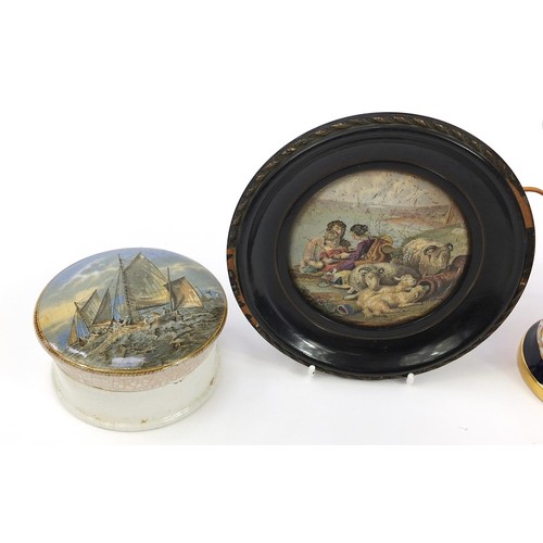 1127 - Victorian ceramics including Prattware pot lids, Majolica seated dog and owl oil lamp base, the larg... 