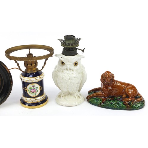 1127 - Victorian ceramics including Prattware pot lids, Majolica seated dog and owl oil lamp base, the larg... 