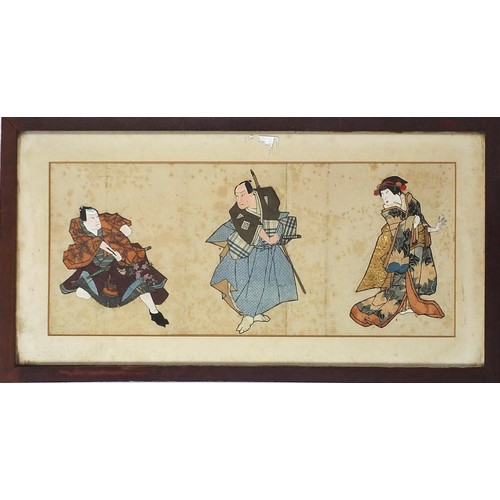 1147 - Warriors and female wearing a kimono, Japanese textile and collage, mounted, framed and glazed, 44cm... 