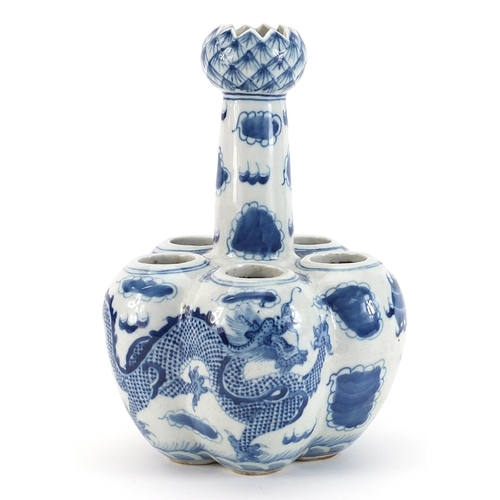 372 - Chinese blue and white porcelain tulip vase hand painted with dragons chasing a flaming pearl amongs... 