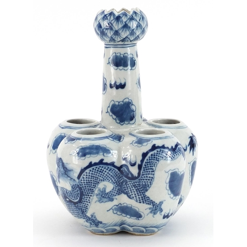 372 - Chinese blue and white porcelain tulip vase hand painted with dragons chasing a flaming pearl amongs... 