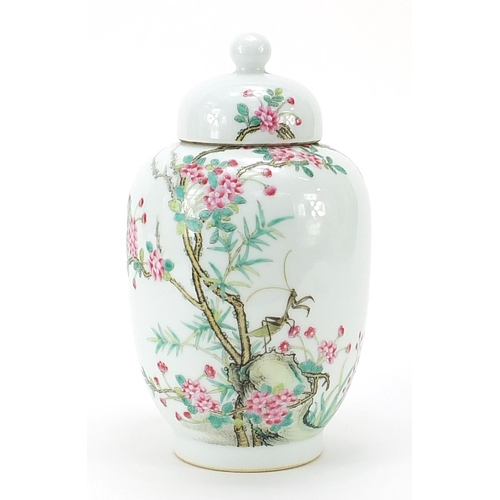 518 - Chinese porcelain vase and cover hand painted with a cricket amongst cherry blossom, six figure char... 