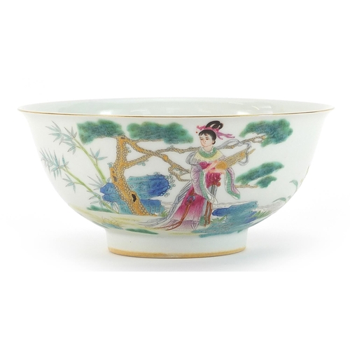 520 - Chinese porcelain bowl hand painted in the famille rose palette with a female in a landscape, four f... 