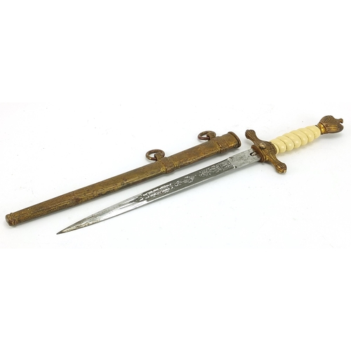 2371 - German military interest naval dagger with scabbard and etched steel blade by Karl Eichhorn, 42cm in... 