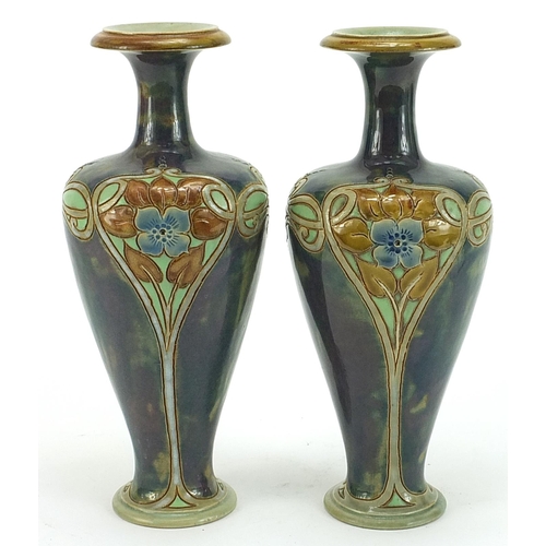 316 - Francis Pope, pair of Art Nouveau Royal Doulton stoneware vases hand painted and incised with stylis... 