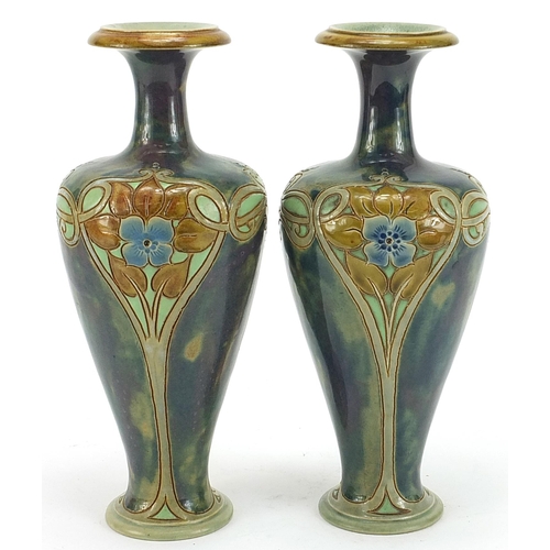 316 - Francis Pope, pair of Art Nouveau Royal Doulton stoneware vases hand painted and incised with stylis... 