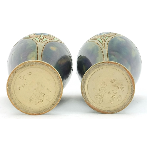 316 - Francis Pope, pair of Art Nouveau Royal Doulton stoneware vases hand painted and incised with stylis... 