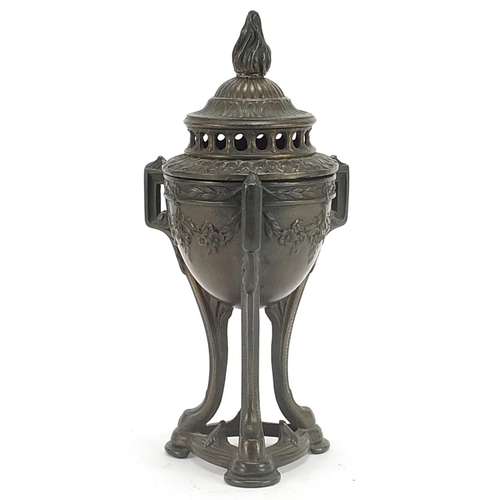 976 - Grand Tour style bronzed urn and cover with three handles, 17.5cm high