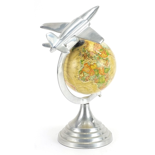 1101 - Retro table globe with aeroplane design arch, 30cm high