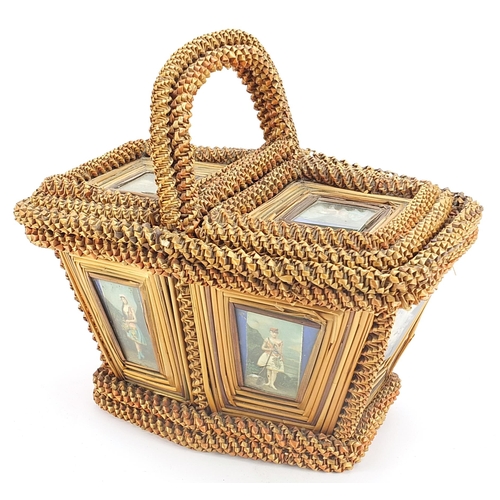 396 - 19th century folk art straw work basket with panels of girls, 29cm wide