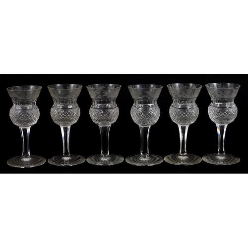 541 - Set of six Edinburgh Crystal liqueur glasses etched with thistles, each 9cm high