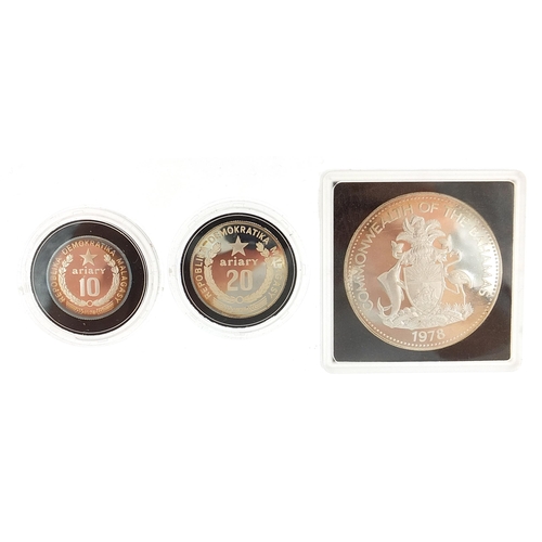 1633 - Democratic Republic of Madagascar silver proof two coin set and a 1978 Commonwealth of the Bahamas s... 