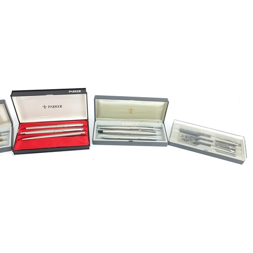 185 - Parker pen sets with cases including Parker 45 and Union Jack design