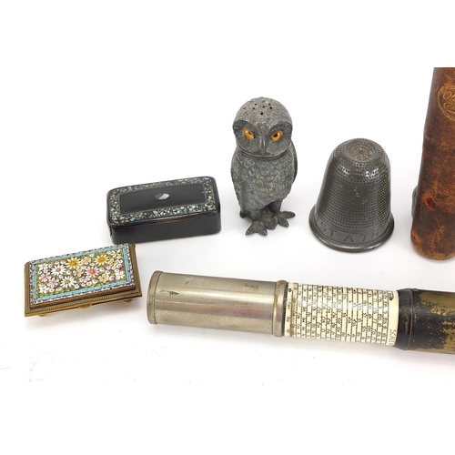 310 - 19th century and later objects including an Otis King calculator, brass double stamp box with micro ... 