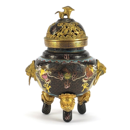 349 - Chinese cloisonne tripod incense burner with pierced lid and ring turned handles enamelled with drag... 