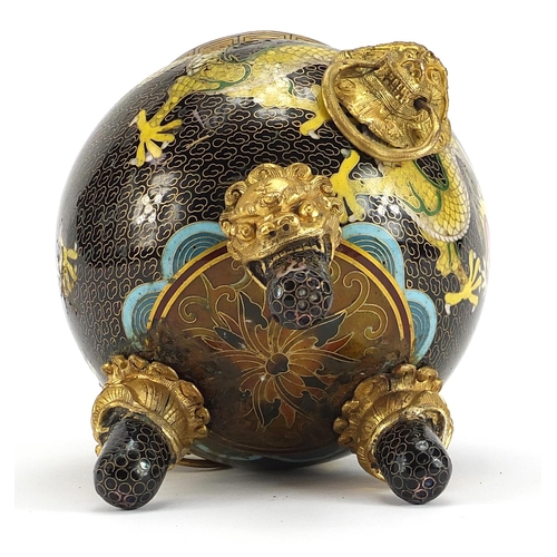 349 - Chinese cloisonne tripod incense burner with pierced lid and ring turned handles enamelled with drag... 